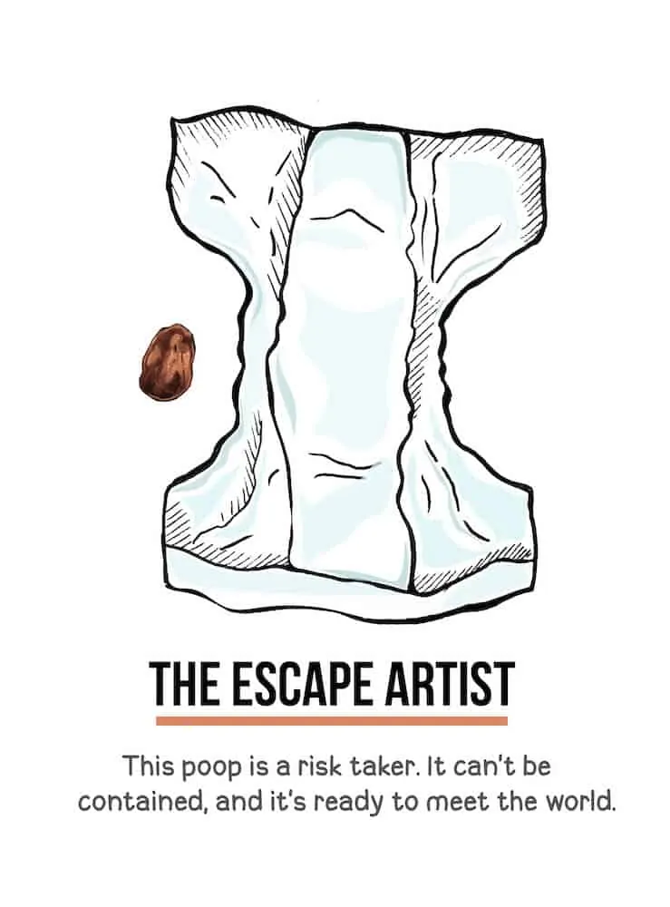 An illustration of one nugget of baby poop next to an empty diaper. Below the illustration are the words, The Escape Artist: This poop is a risk taker. It can't be contained, and it's ready to meet the world.