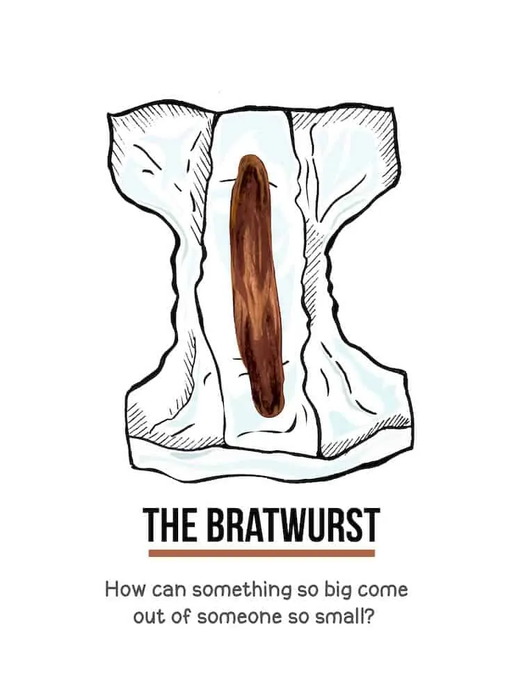 An illustration of a log of poo in a diaper. Below the illustration are the words, The Bratwurst. How can something so big come out of someone so small?